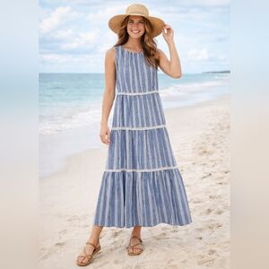 Julia Jordan Gingham Striped Maxi Tiered Dress 8 Boho Coastal Cottagecore Resort